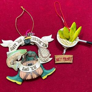 2 fishing ornaments net profit, bait em hook em bag em bass waders net fisherman